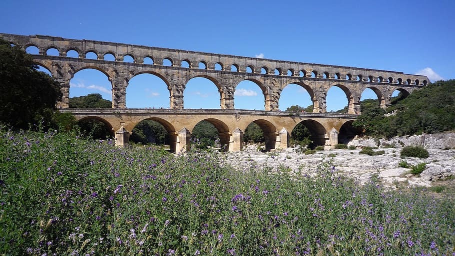 France, Roman Aqueduct, Aqueduct, Bridge, arch, no people, plant, HD wallpaper