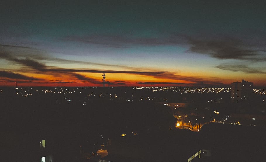 sunset, dusk, evening, night, sky, clouds, city, lights, architecture HD wallpaper