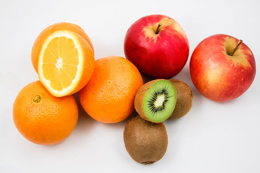 orange, apple and kiwi fruits, Apples, Oranges, Vitamins, healthy eating HD wallpaper