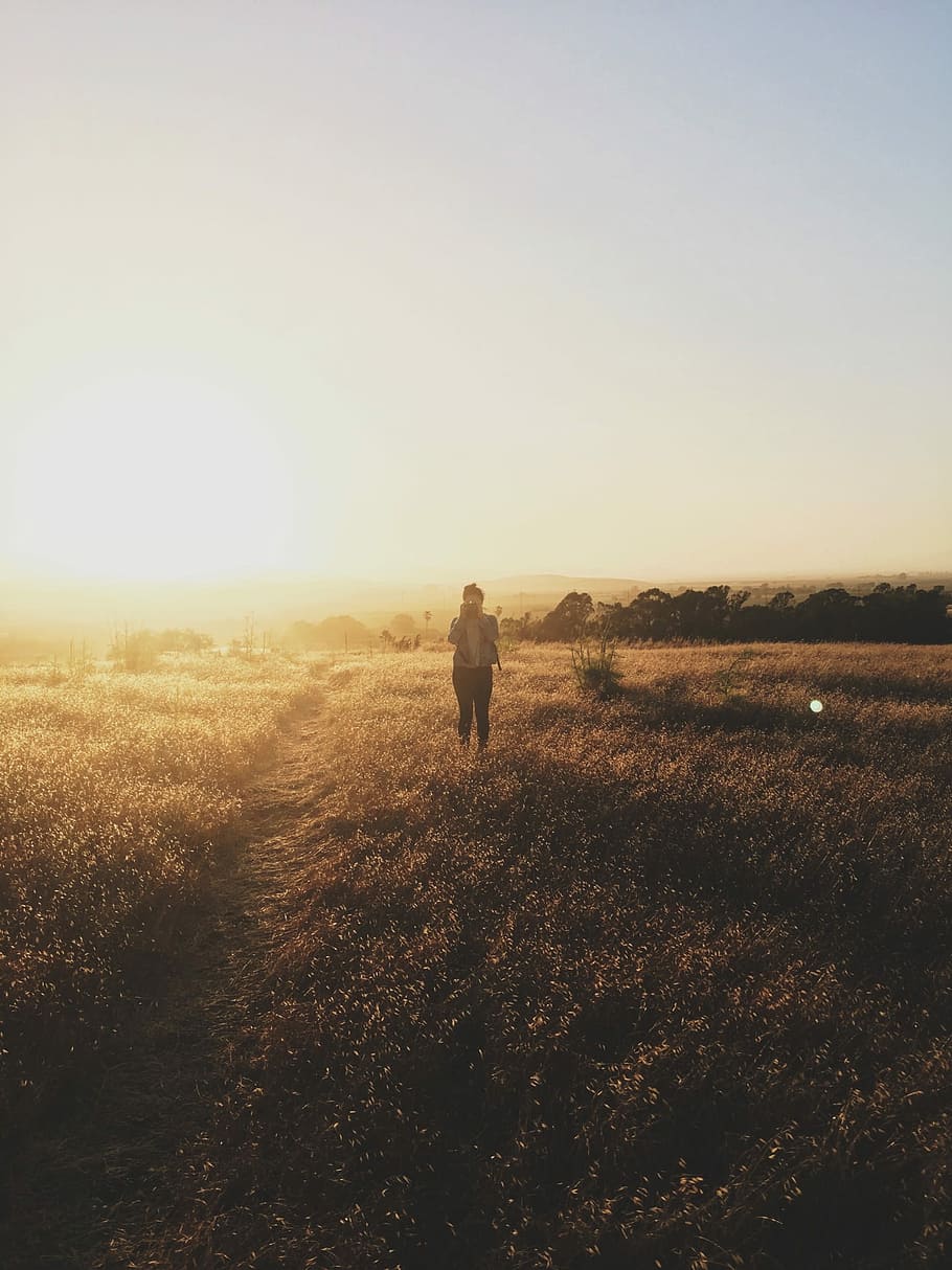 person in brown jacket standing on brown grass filled under clear blue sky HD wallpaper