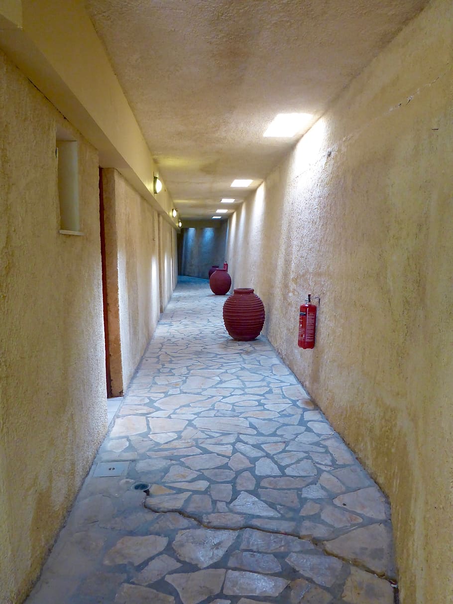 indoor, corridor, empty, brownish, building, blue, tiles, vasa HD wallpaper