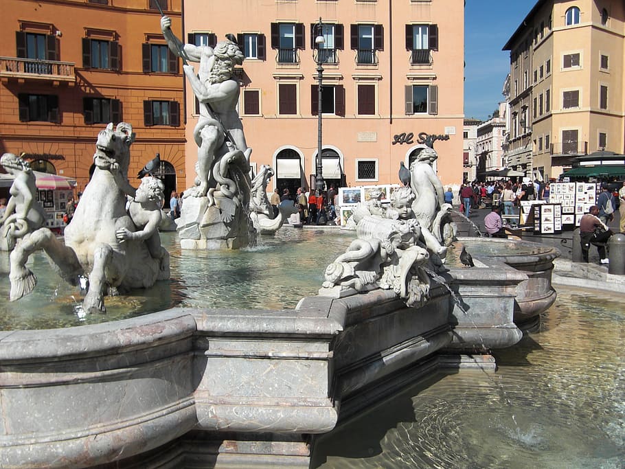 rome, italy, marble, piazza navona, fontana dei fiumi, historically, HD wallpaper