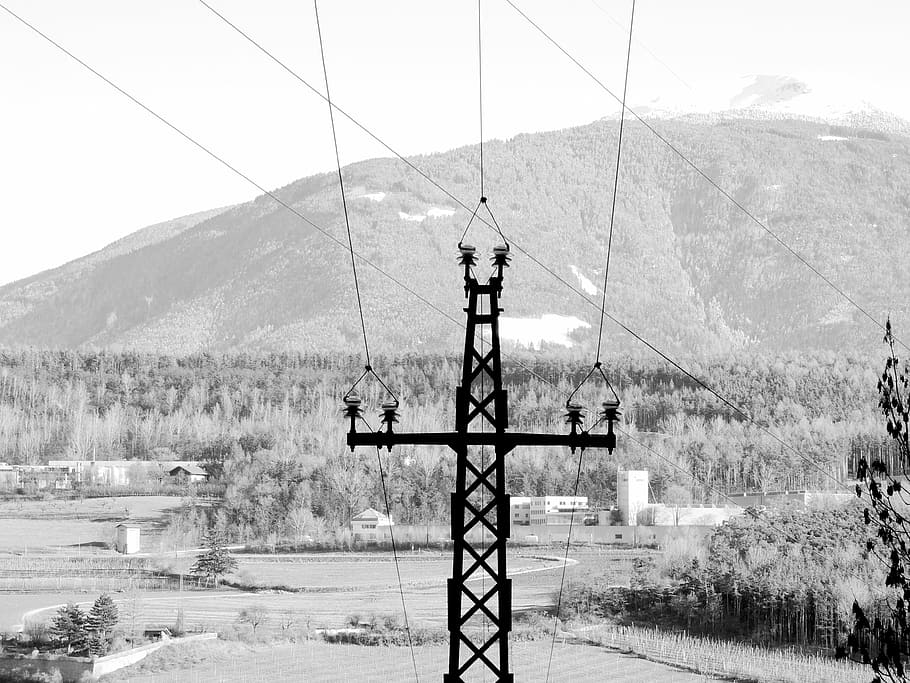 current, line, mast, black and white, power poles, power line HD wallpaper