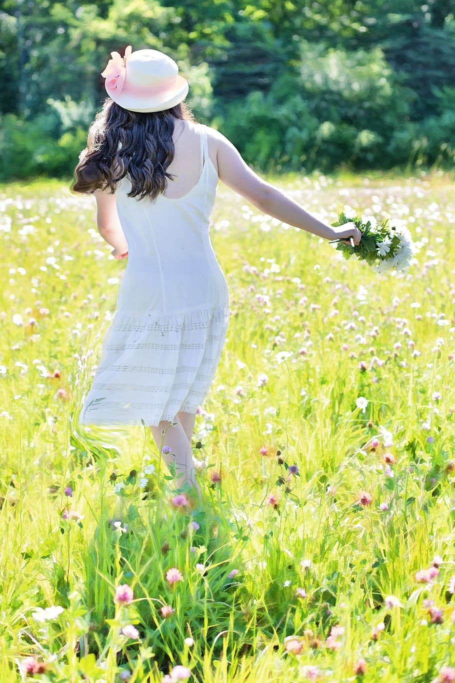 woman in white spaghetti strap dress on green-and-pink flower field during daytime, HD wallpaper