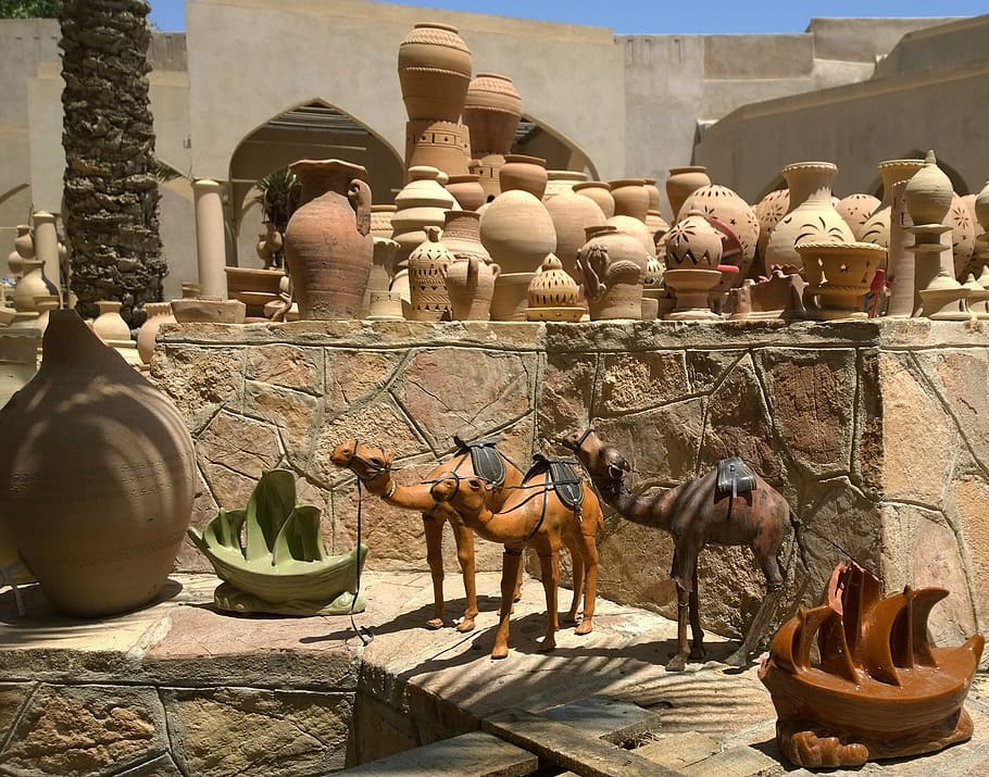 oman, camel, travel, arabian, tourist, souvenir, pots, clay