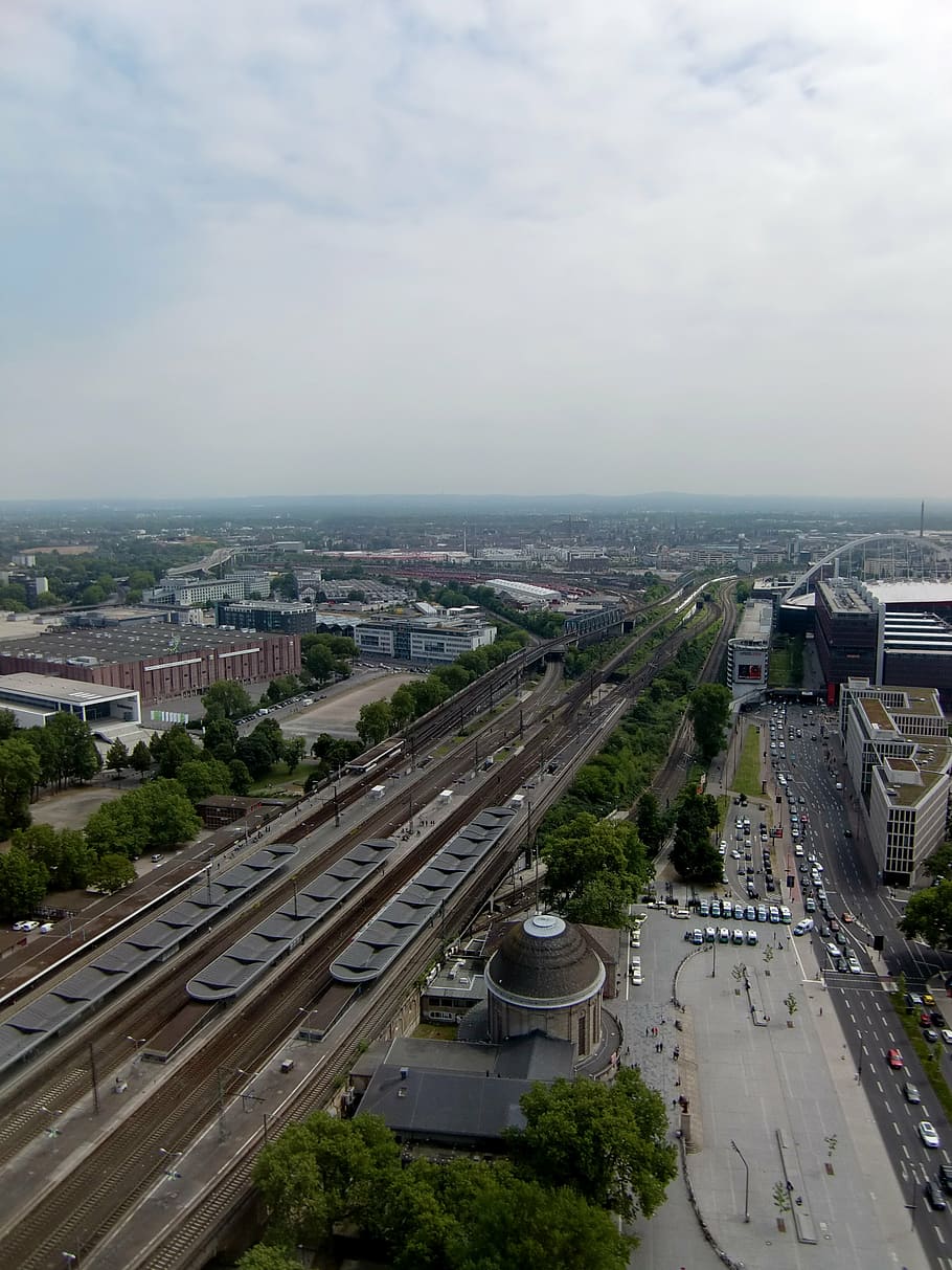 cologne, traffic, jam, autos, city, road, lanxess arena, aerial view HD wallpaper
