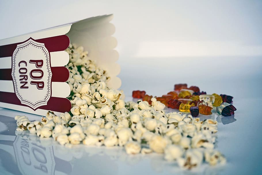 Popcorn on table, cinema, ticket, film, entertainment, food, bucket, HD wallpaper