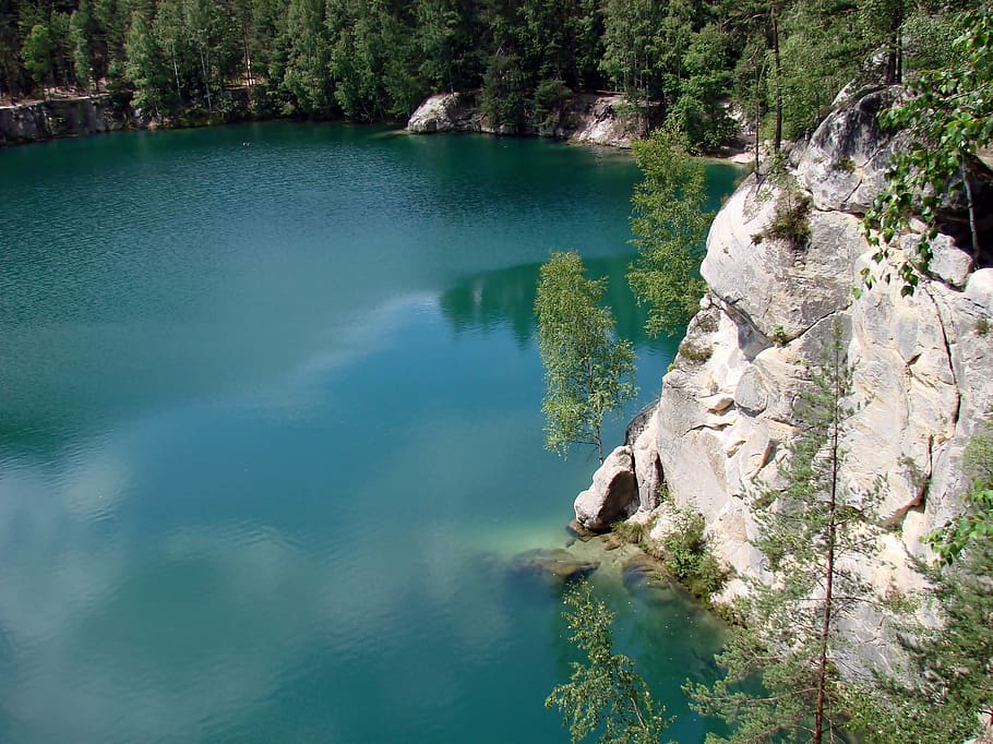 rocks, lake, view, water, tree, plant, beauty in nature, tranquility HD wallpaper