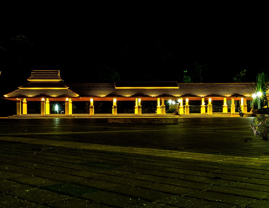 arcade, temple, building, architecture, night photograph, abendstimmung HD wallpaper
