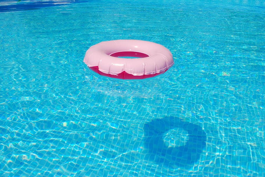 white and red buoy on blue swimming pool, floating tire, summer, HD wallpaper