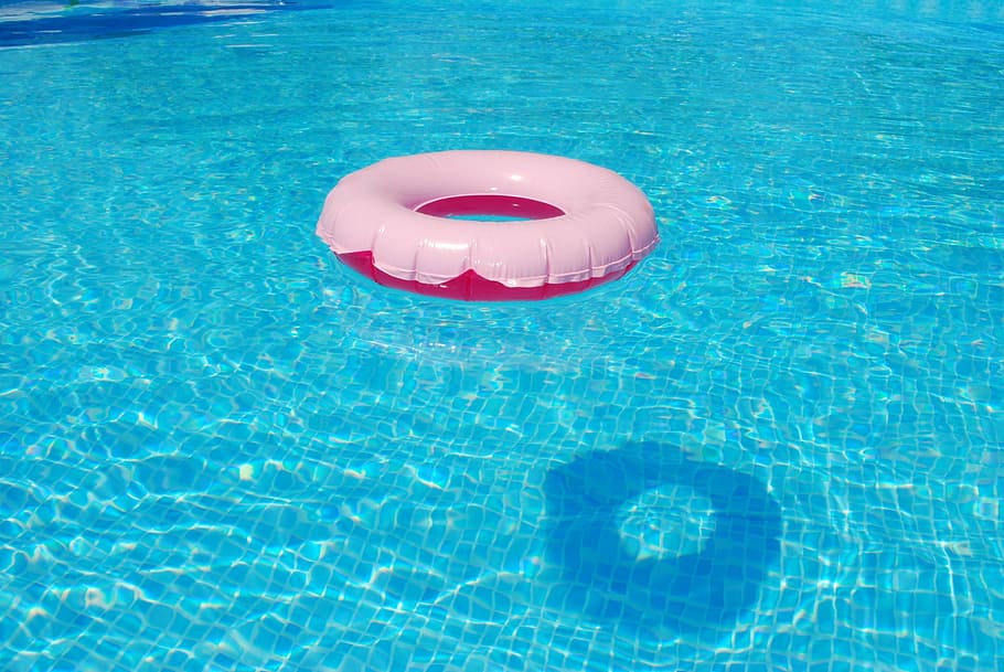 white and red buoy on blue swimming pool, floating tire, summer HD wallpaper