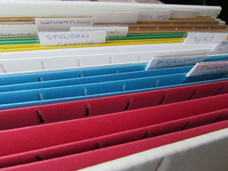 red, blue, white, and yellow cards, files, folder, drop, office