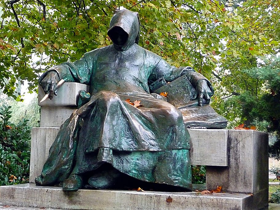 sculpture, man, sitting, anonymous, statue, tree, art and craft HD wallpaper