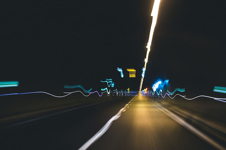 light in the end, time-lapse photography of road, night, light trail HD wallpaper
