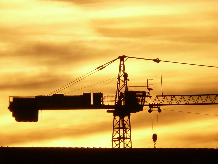 baukran, crane, technology, sunset, back light, site, golden HD wallpaper