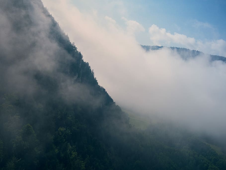 aerial photography of mountain covered with white fog, top view of sea of clouds on top of mountain HD wallpaper