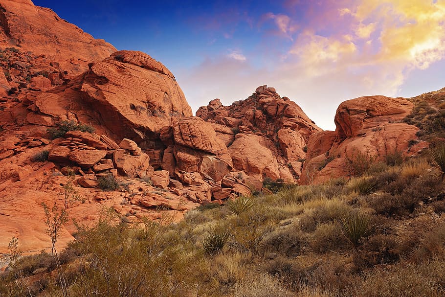 brown mountain under cloudy sky, sunset, clouds, hiking, landscape HD wallpaper