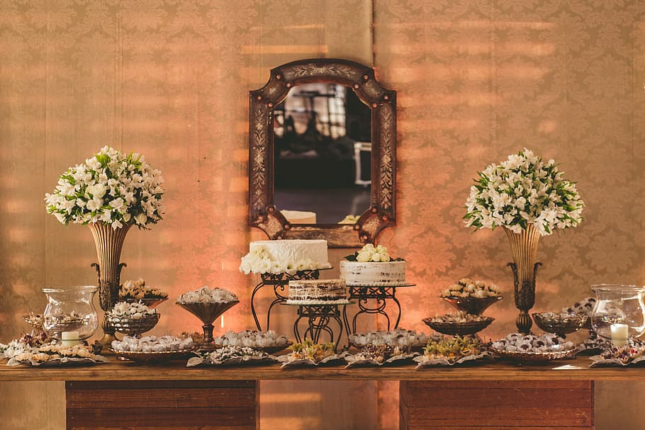 marriage, table cake, decoration, flower, vase, plant, flowering plant HD wallpaper
