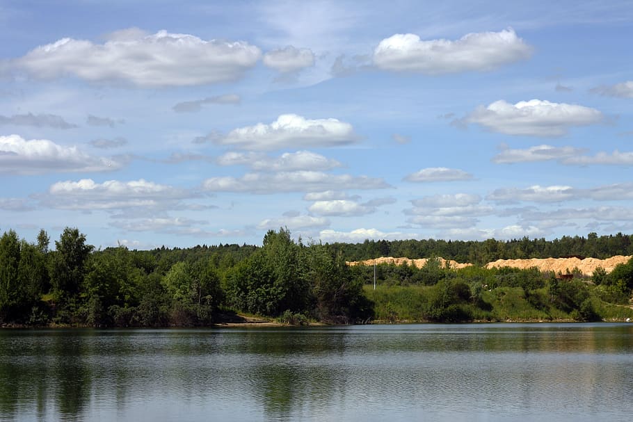 sky, blue sky, clouds, nature, summer, russia, lake, tree, water HD wallpaper