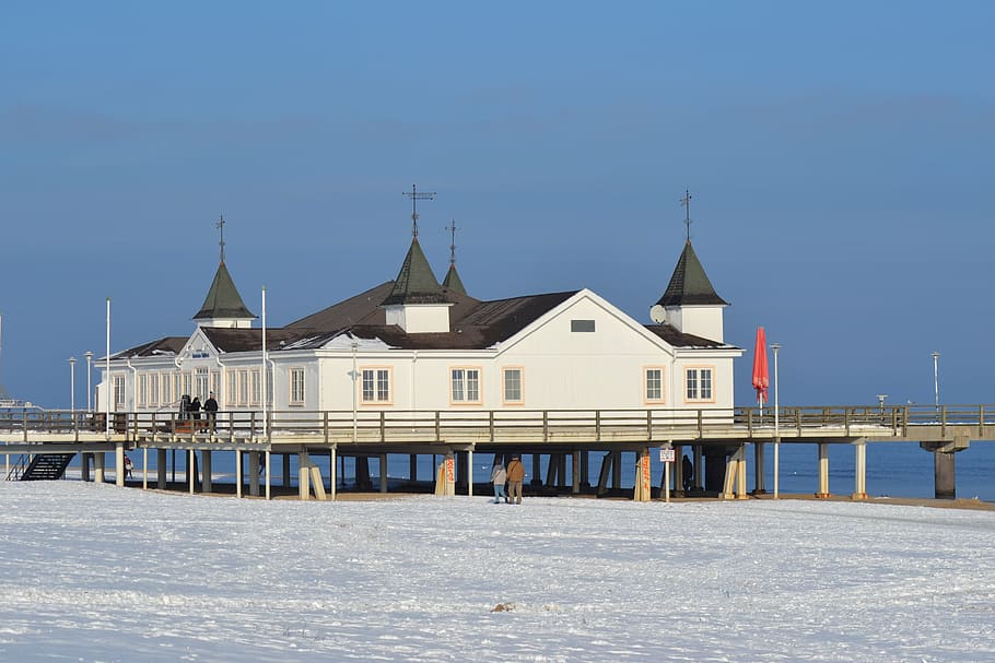 baltic sea, seebad ahlbeck, winter, beach, sea bridge, water, HD wallpaper