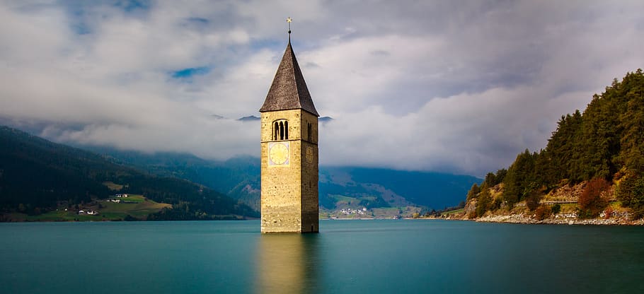 reschensee, steeple, south tyrol, reschen pass, reservoir, graun's, HD wallpaper