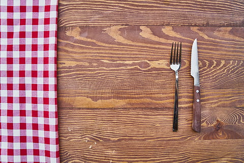 gray stainless fork butter knife on brown wooden surface, table HD wallpaper