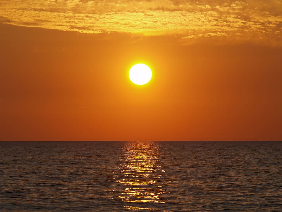 sunset, sea, abendstimmung, sky, water, horizon over water HD wallpaper