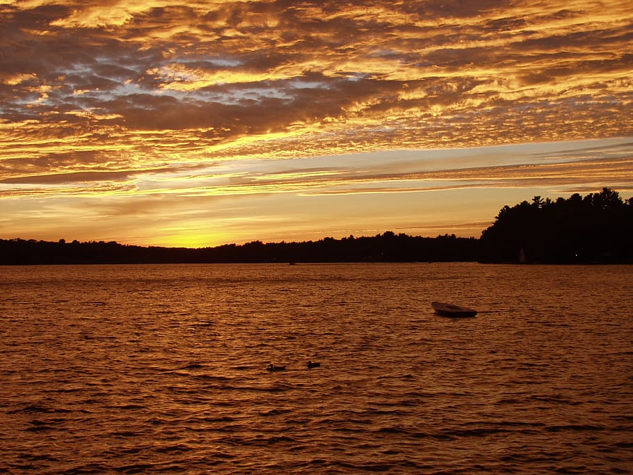 sunset, lake, sky, landscape, water, evening, scene, shore HD wallpaper