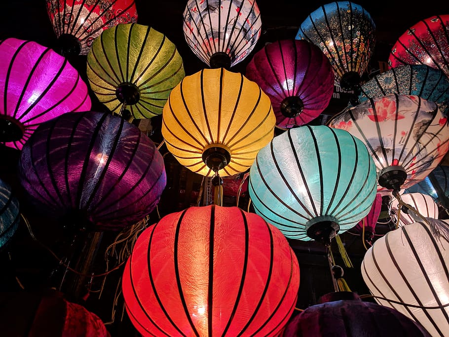 Red, Blue, Yellow, and White Sky Lantern Lot, art, bright, chinese lanterns