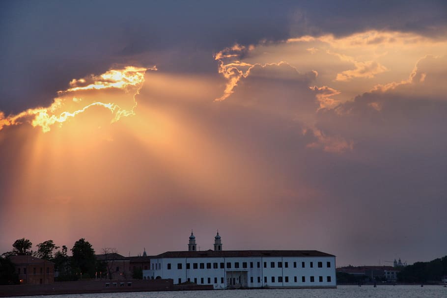 sunset, sky, waters, venice, dusk, bank, architecture, building exterior HD wallpaper