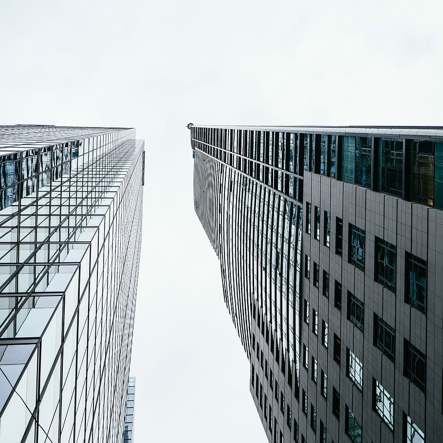 worm's eye view photo of building during daytime, gray building structure view from bottom HD wallpaper