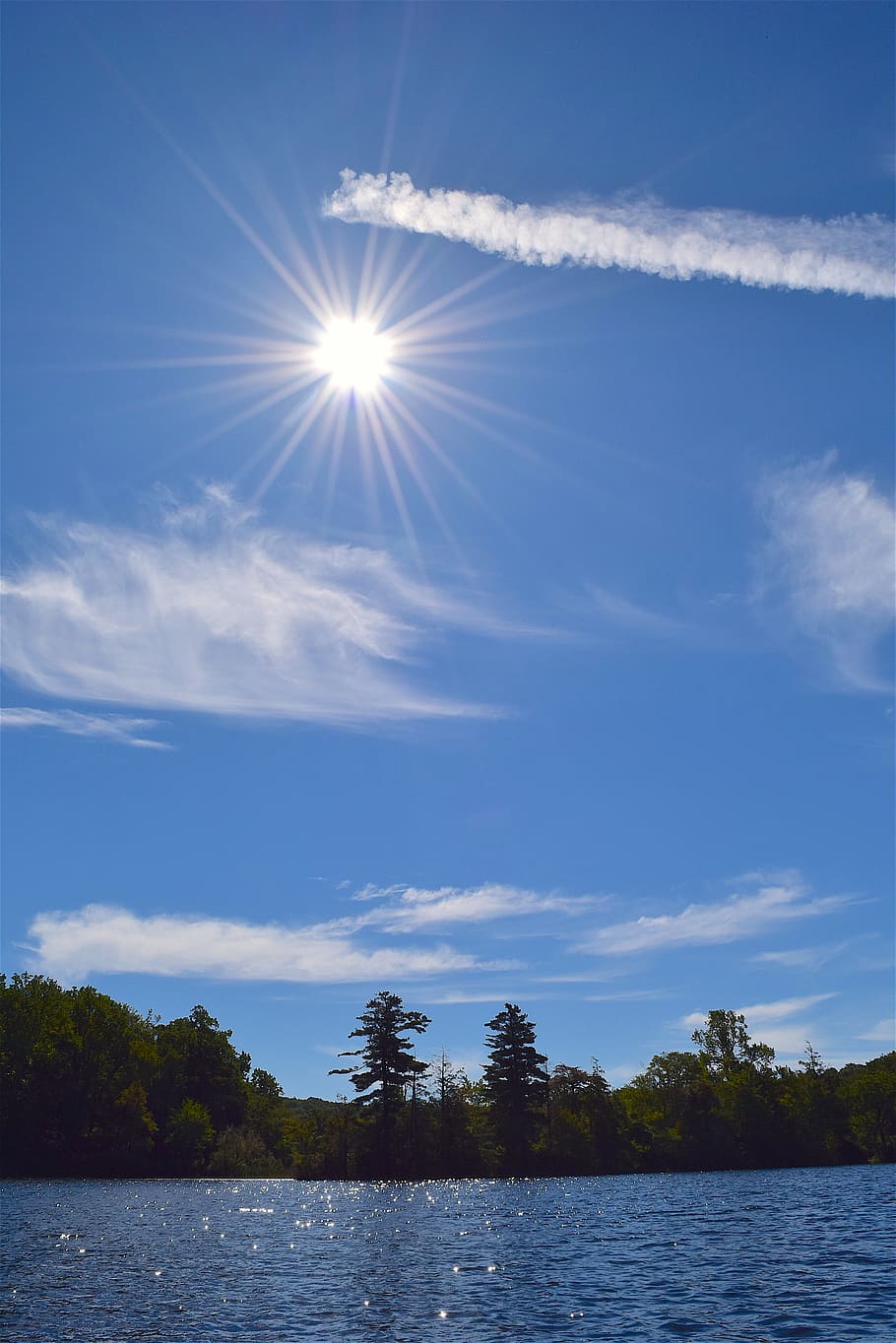 sun, sky, bright, lake, nature, blue, clouds, trees, water HD wallpaper