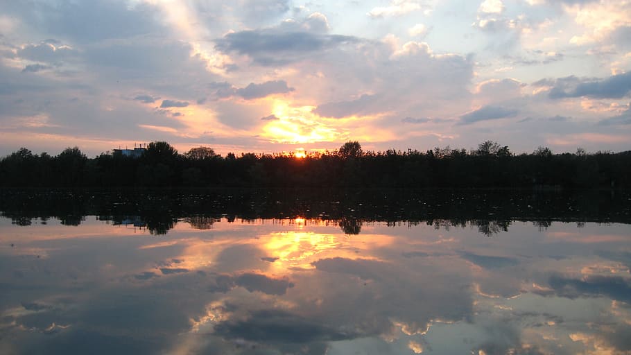 mirroring, forest, sunset, lake, orange, sky, mood, evening sun HD wallpaper