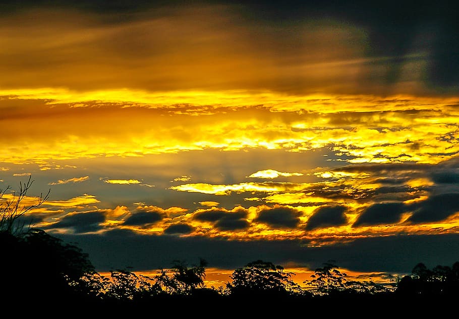 sunset, sky, orange, gold, yellow, grey, clouds, horizon, queensland HD wallpaper