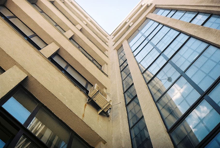 low-angle photo of curtain wall building, low angle photo of white concrete building HD wallpaper