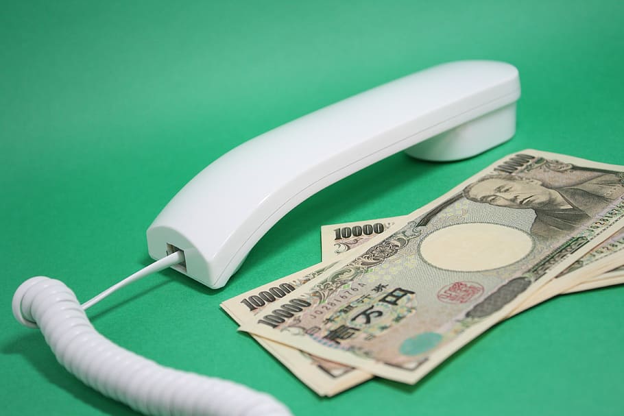 white handset near banknotes, yen, telephone, pick up the phone, HD wallpaper