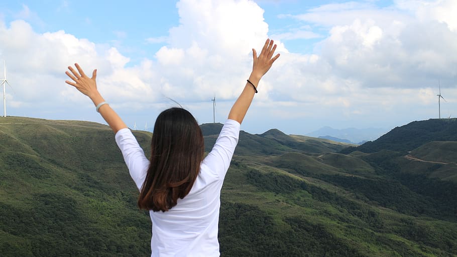 character, the scenery, sky, rear view, cloud - sky, human arm HD wallpaper