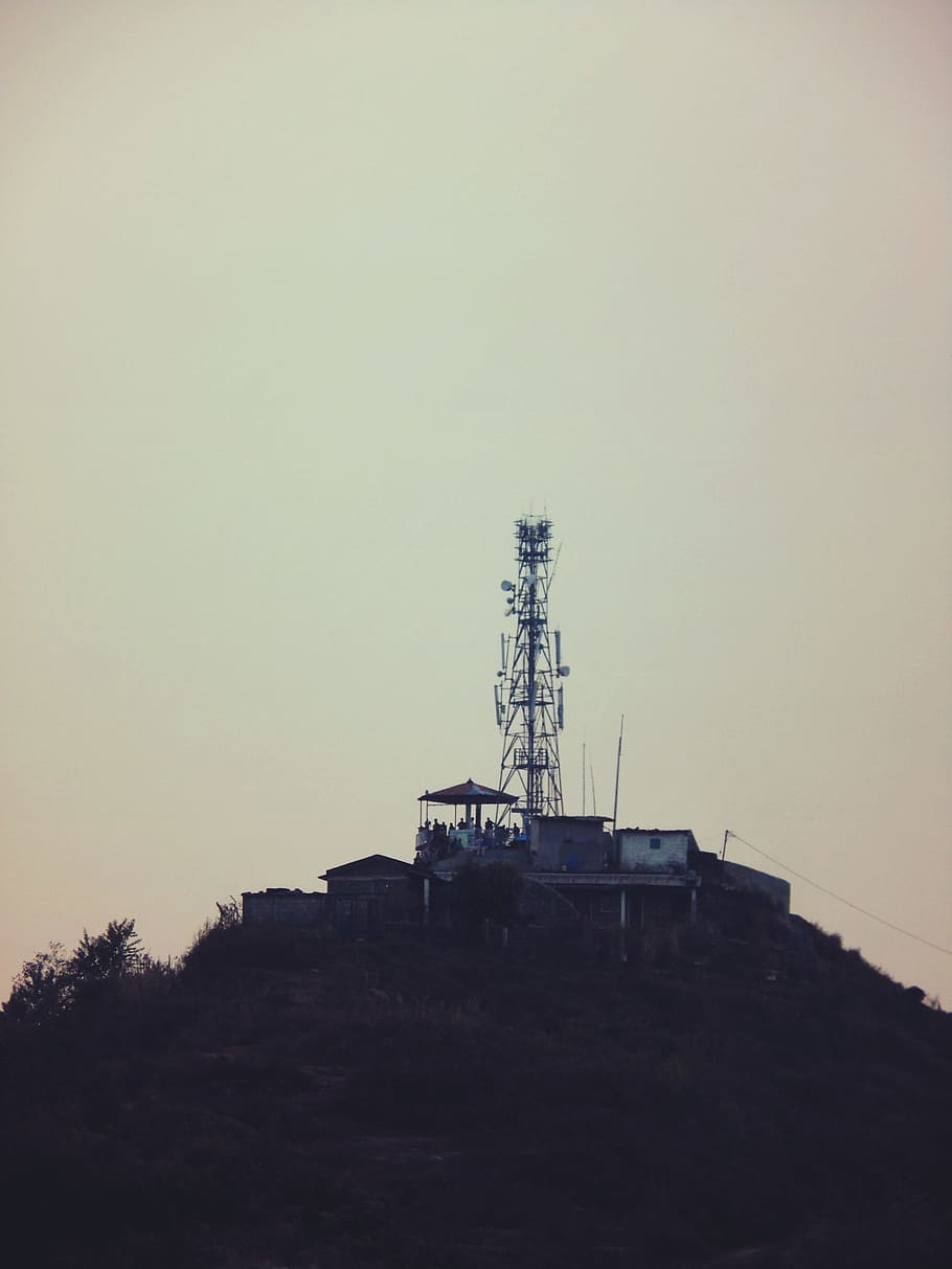 tower, satelites, sky, hill, houses, huts, shacks, built structure HD wallpaper