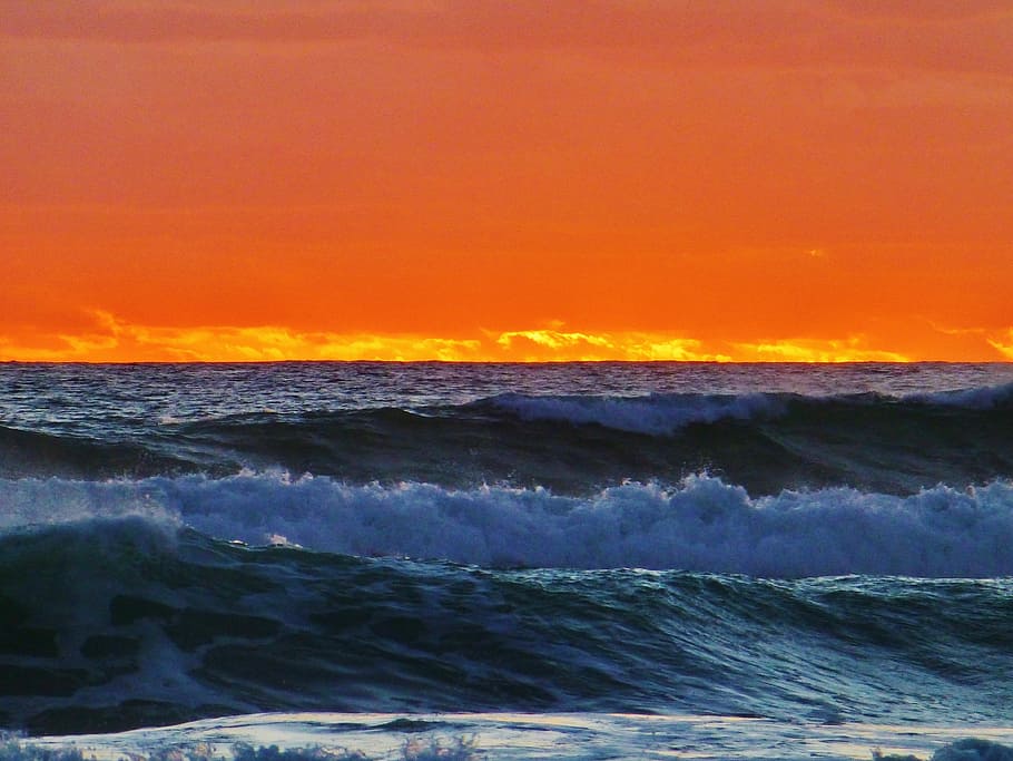 Sunset, Wave, Beach, Sky, abendstimmung, red, sea, ocean, nature HD wallpaper