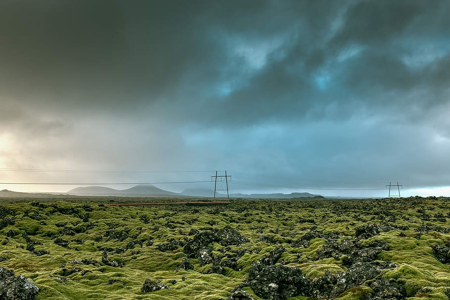 green grass land and mountains, field, rock, cloud, storm, blue HD wallpaper