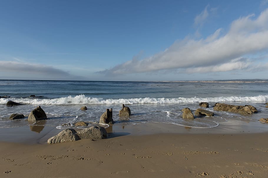 Surf, Beach, Ocean, Shore, Rocks, Waves, scenic, sand, water HD wallpaper