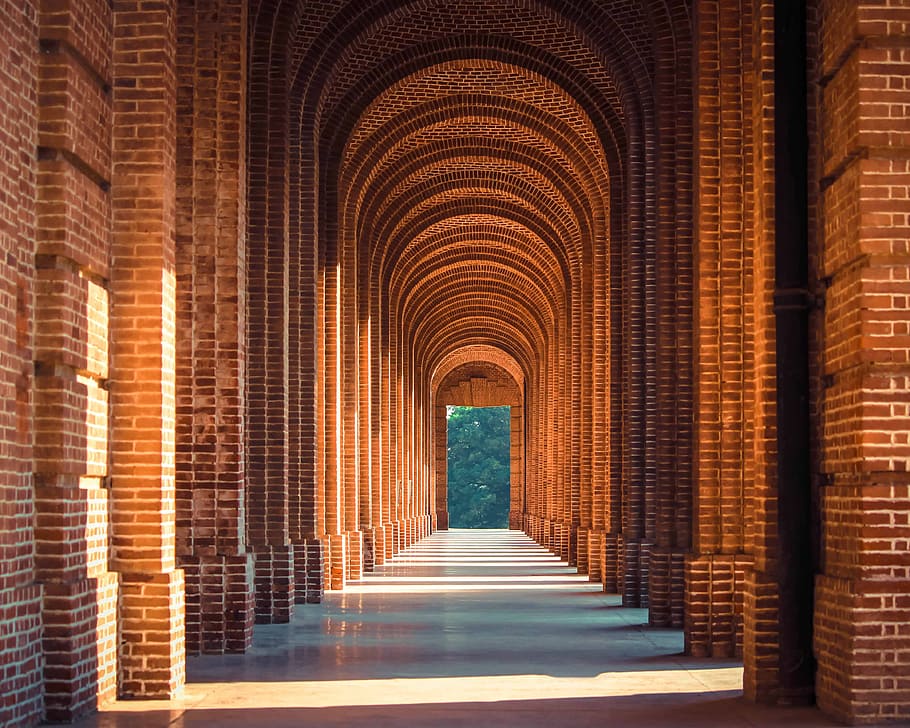brown brick stones tunnel, pathway inside brown brick building, HD wallpaper