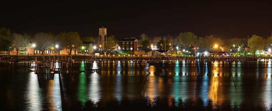 lake photography, cityscape, night, water, reflection, urban HD wallpaper