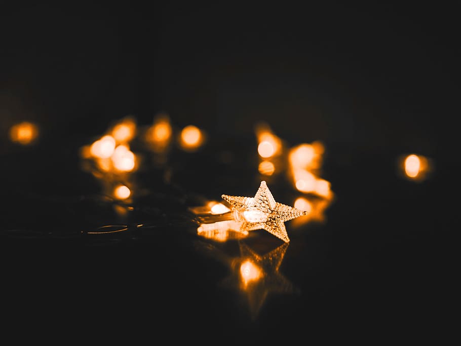 yellow star string lights, shallow focus photography of star string lights HD wallpaper