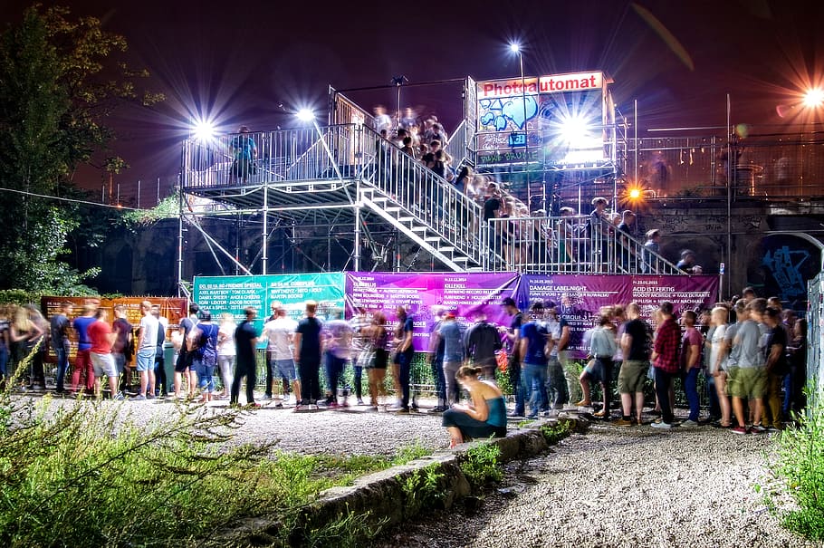 stairs, sky, people, sand, crowd, dark, evening, lights, line HD wallpaper