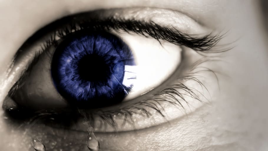 blue eye selective color photography, tear, sadness, cry, human