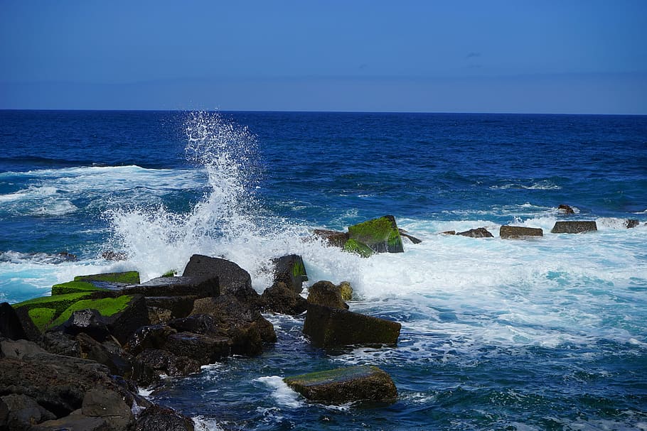 wave, inject, foam, breakwater, sea, ocean, spray, stones, block HD wallpaper