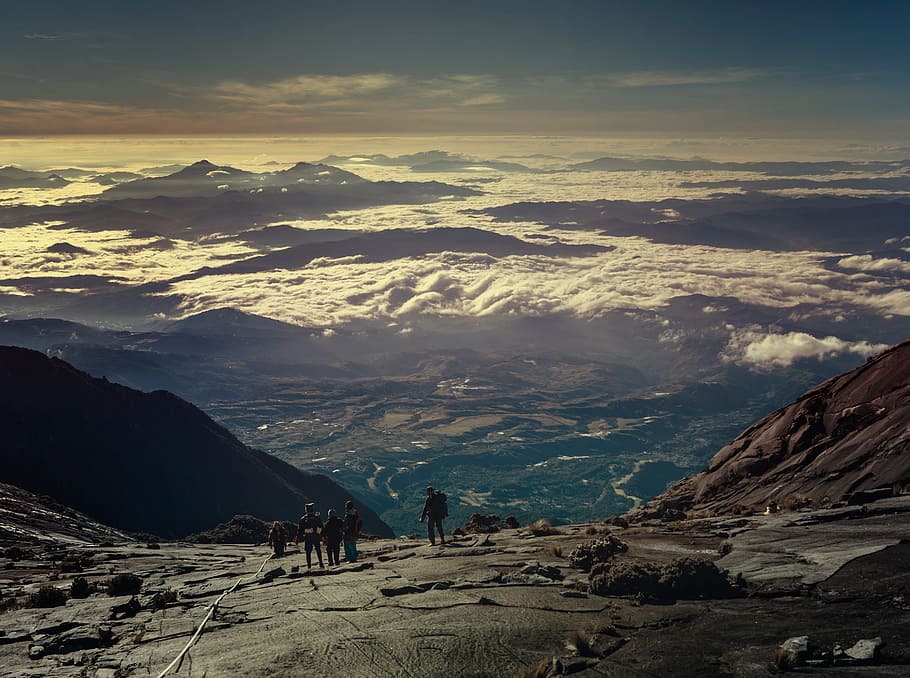 mountain, sky, clouds, people, adventure, outdoor, hiking, climbing HD wallpaper
