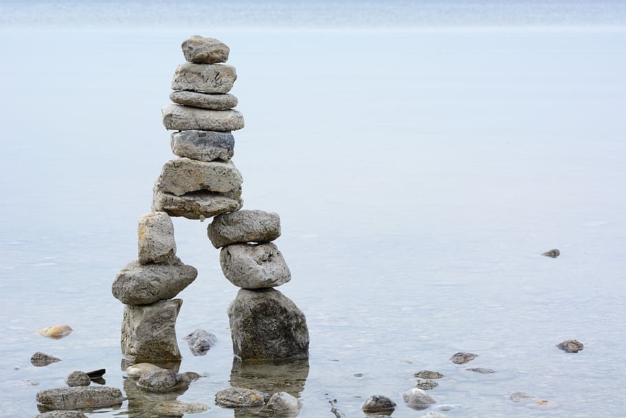 stone balancing on body of wter, cairn, water, nature, sculpture, HD wallpaper