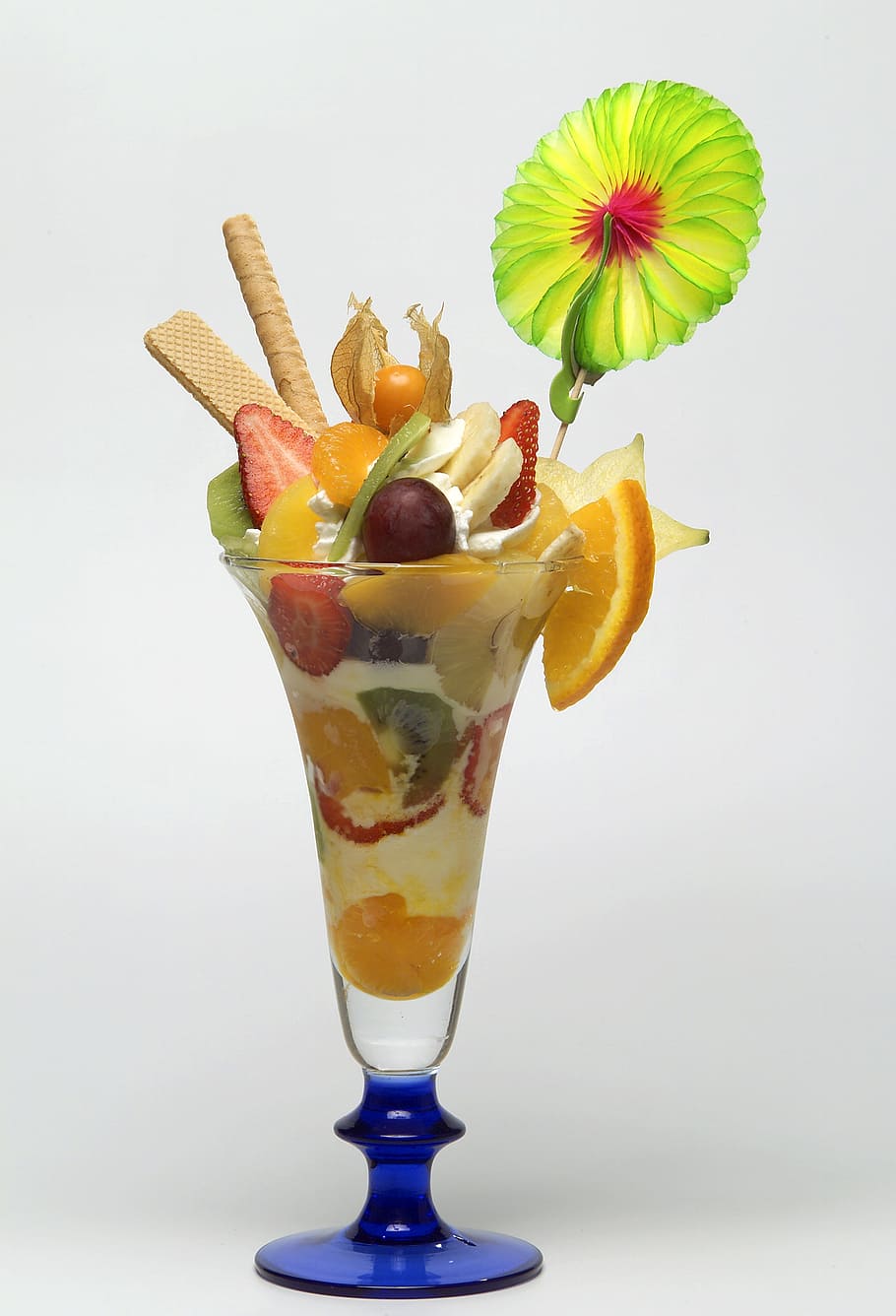 fruit cocktail in glass, ice cream sundae, tangerine sundae, delicious